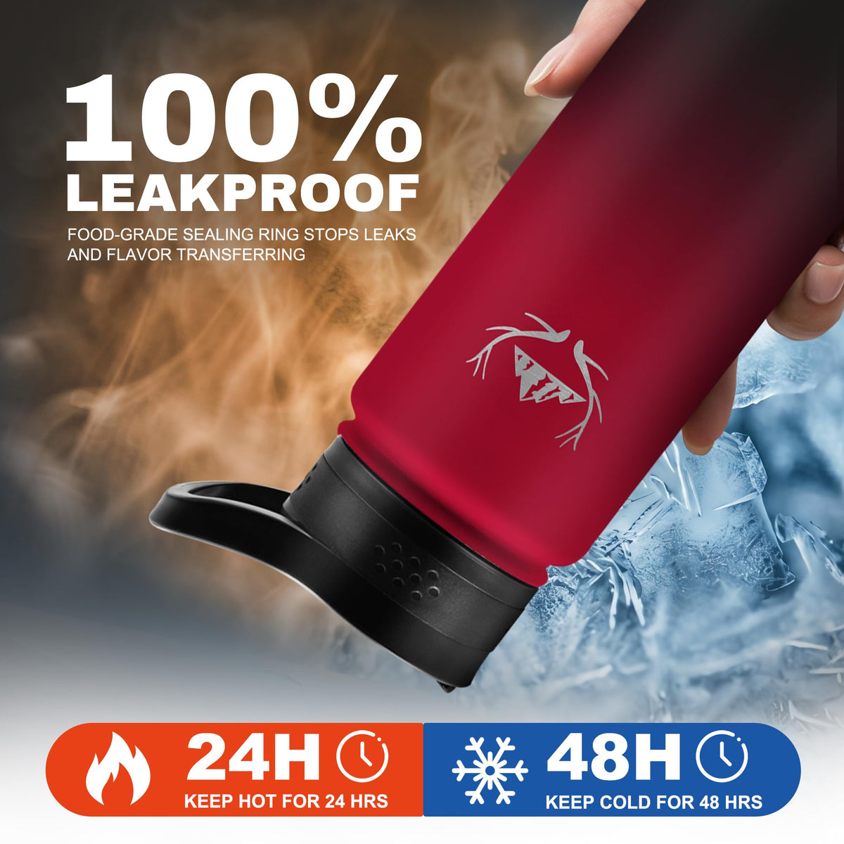 24 oz Insulated Water Bottle with Carrier Bag & 3 Lids (Red Black / 24 Ounces)
