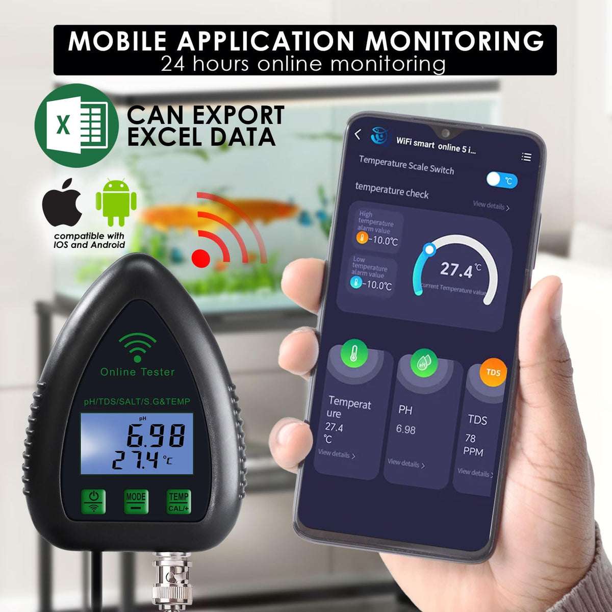 5-in-1 WiFi pH Meter Monitor, Water Quality Tester for pH TDS Salinity S.G Temperature, Tuya Smart APP Remote Monitoring with Alarm & Easy Calibration, for Aquarium Hydroponics