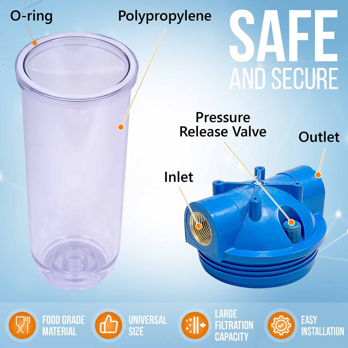 10 Inches Transparent Standard Whole House Water Filter System with Presser Relief Valve (Granular Activated Carbon Filter)