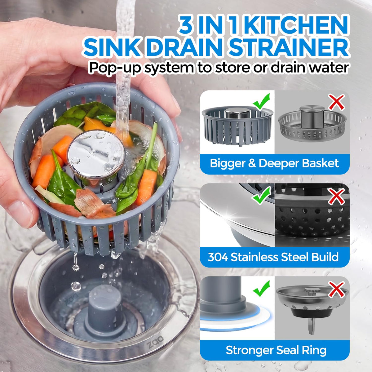 3-in-1 Kitchen Sink Drain Strainer Stopper, Stainless Steel, Anti-Clog (Silver)