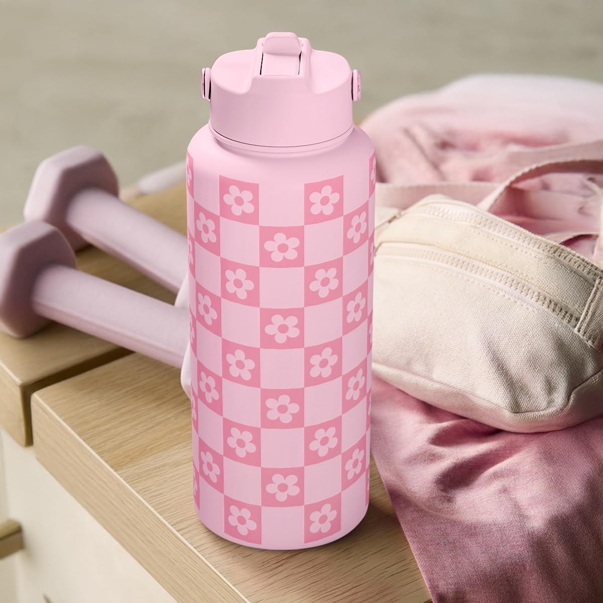 Checker Daisy Water Bottle 32oz Stainless Steel with Lid & Straw (Checker Daisy)