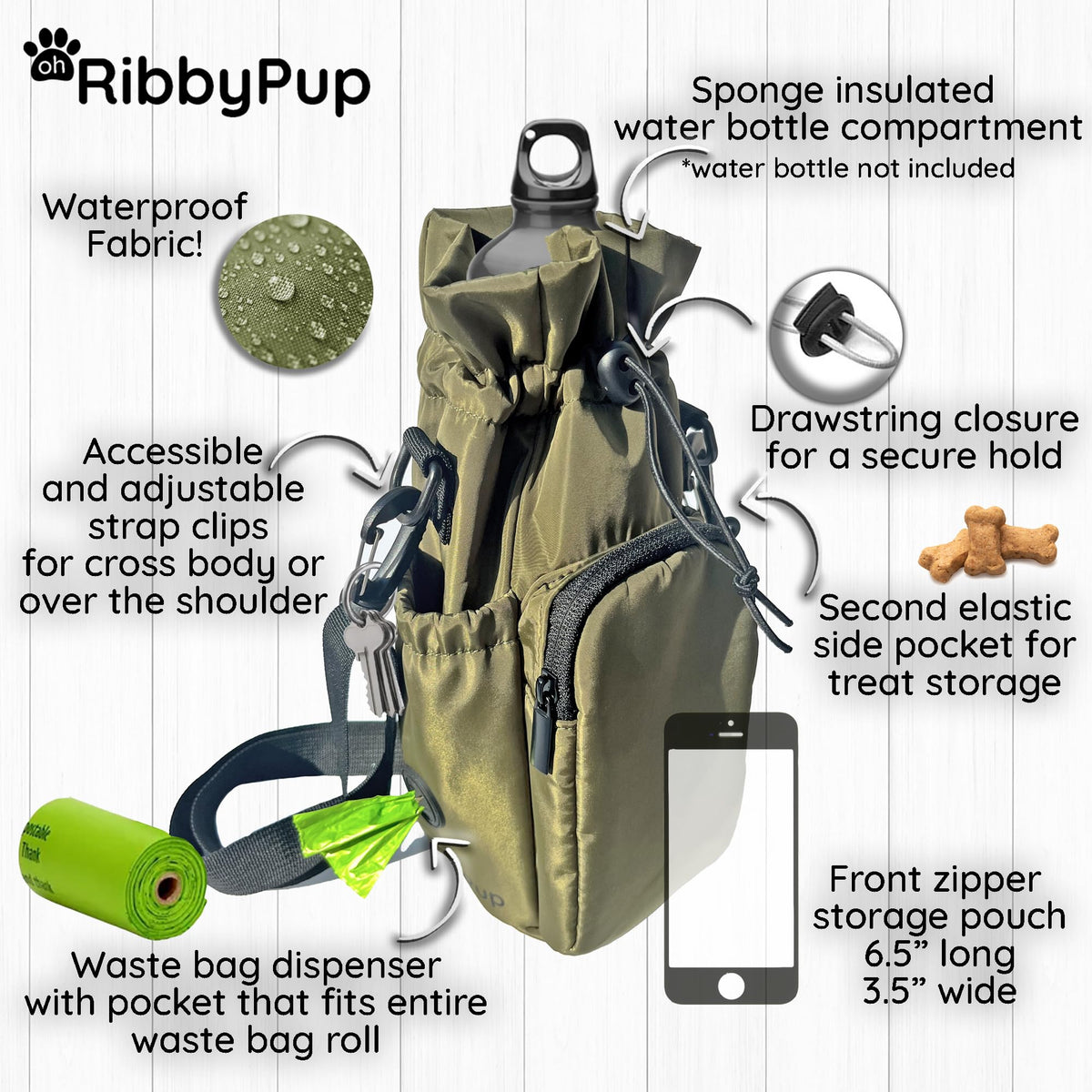 Waterproof Dog Walking Bag with Universal Water Bottle Holder (Gray)