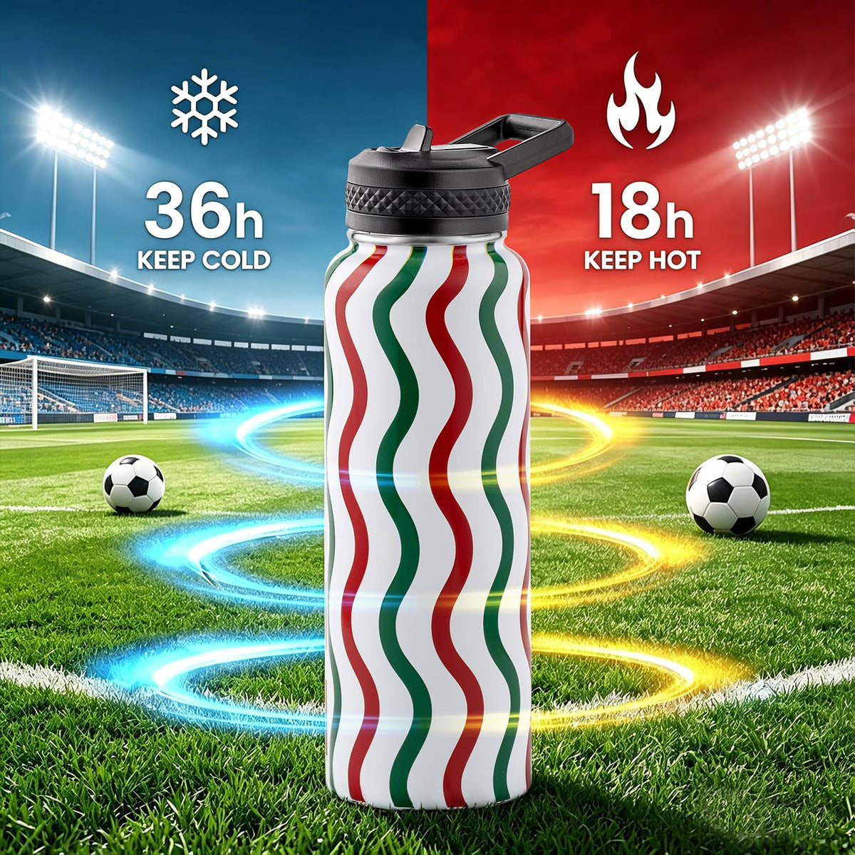 Insulated Water Bottle 40 oz (Mexico-Green White Red Stripe / 40 Ounces)
