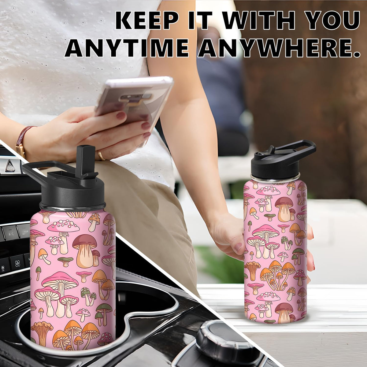 18oz Mushroom Water Bottle with Handle and Flip Straw (Mushroom / 18 Ounces)