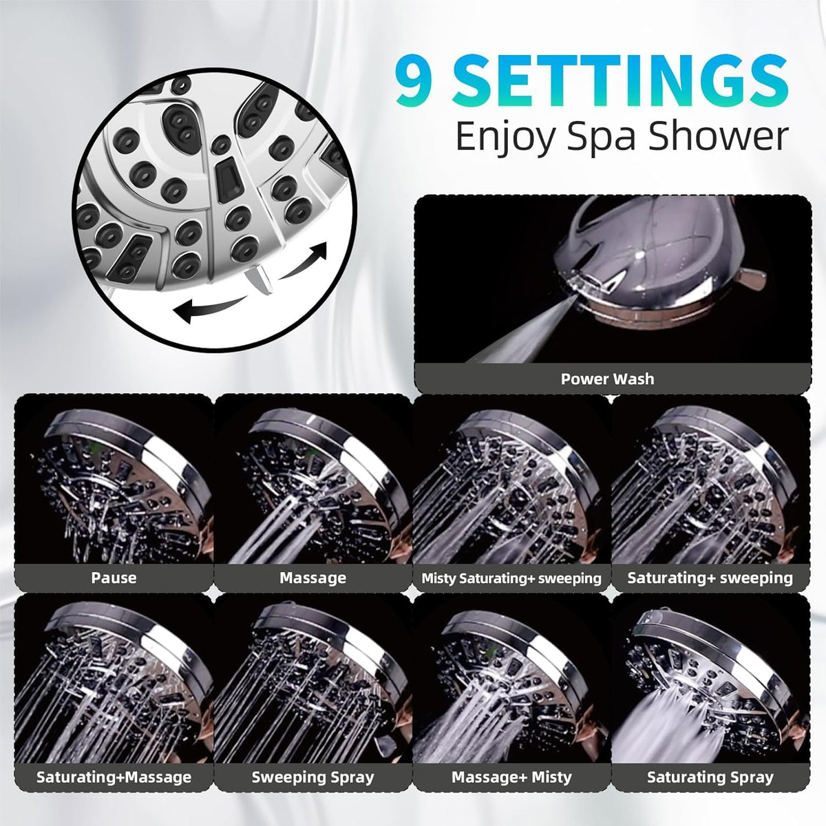 9 Functions High Pressure Handheld Shower Head with Power Wash (Premium Chrome)