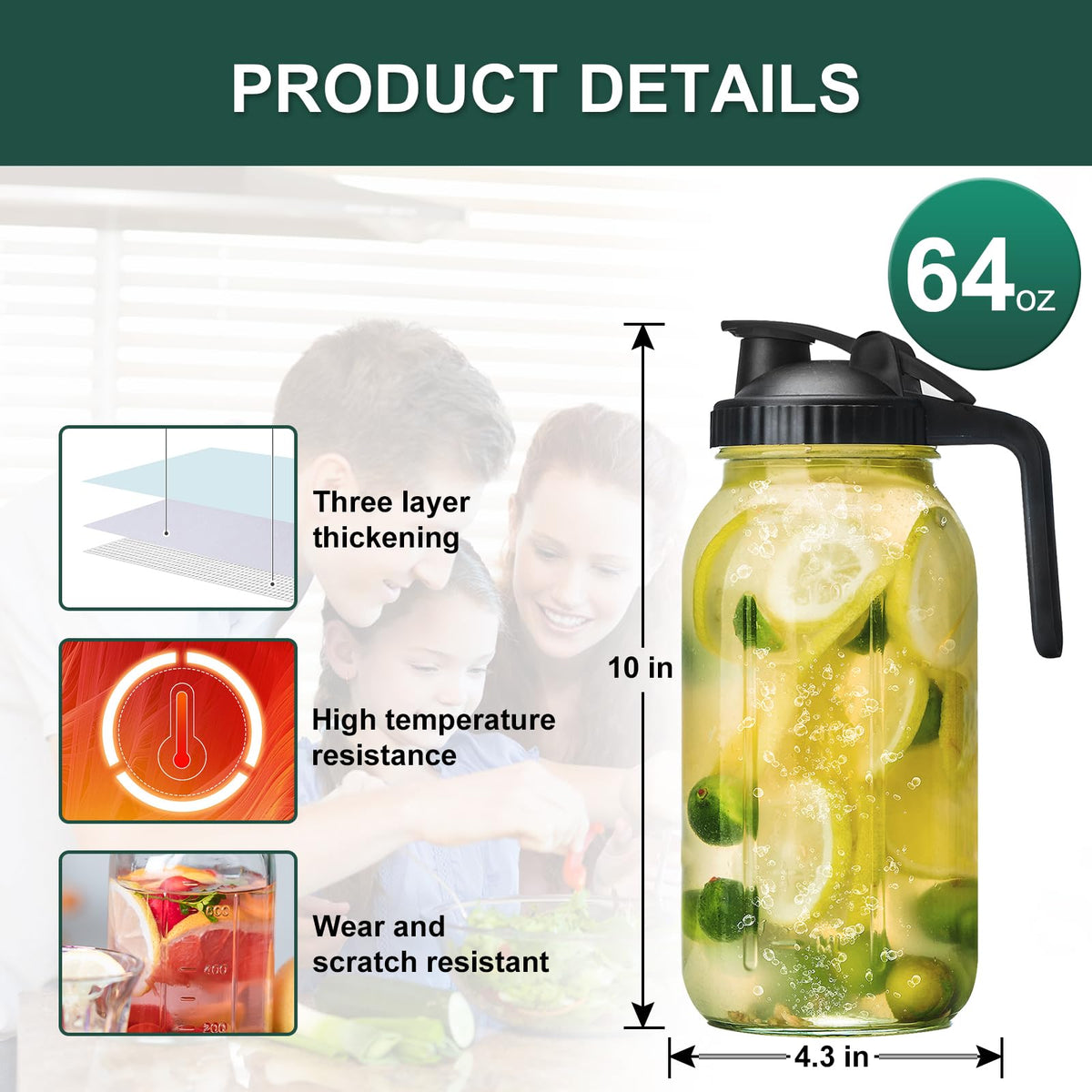 Glass Mason Jars Jugs 64 Oz Pour Spout Lids & Handle (64oz - Set of 2)