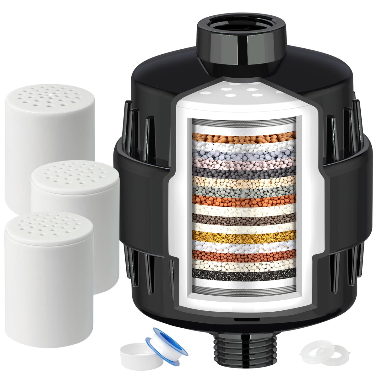 20 Stage Shower Head Filter for Hard Water with 3 Cartridges (Black / Shower Filter with 3 Cartridges)