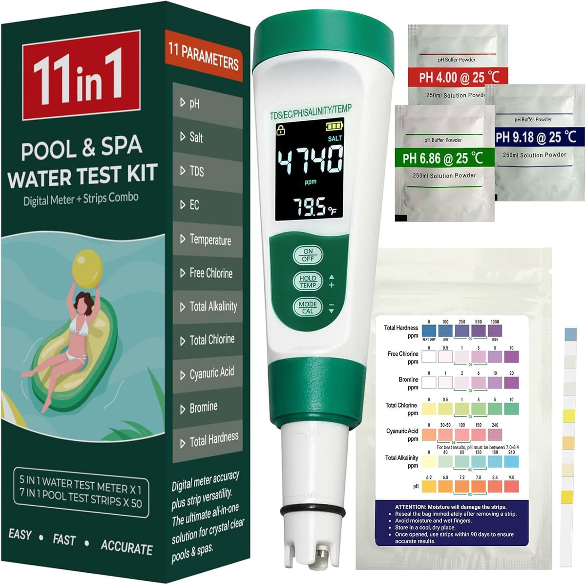 11-in-1 Digital Pool Water Tester Kit Including 5-in-1 Salt Tester for Saltwater Pool & 7-in-1 Pool Test Strips(50 Strips), Test pH Salinity TDS EC Temp Chlorine Bromine Alkalinity Hardness (51-Piece Kit)