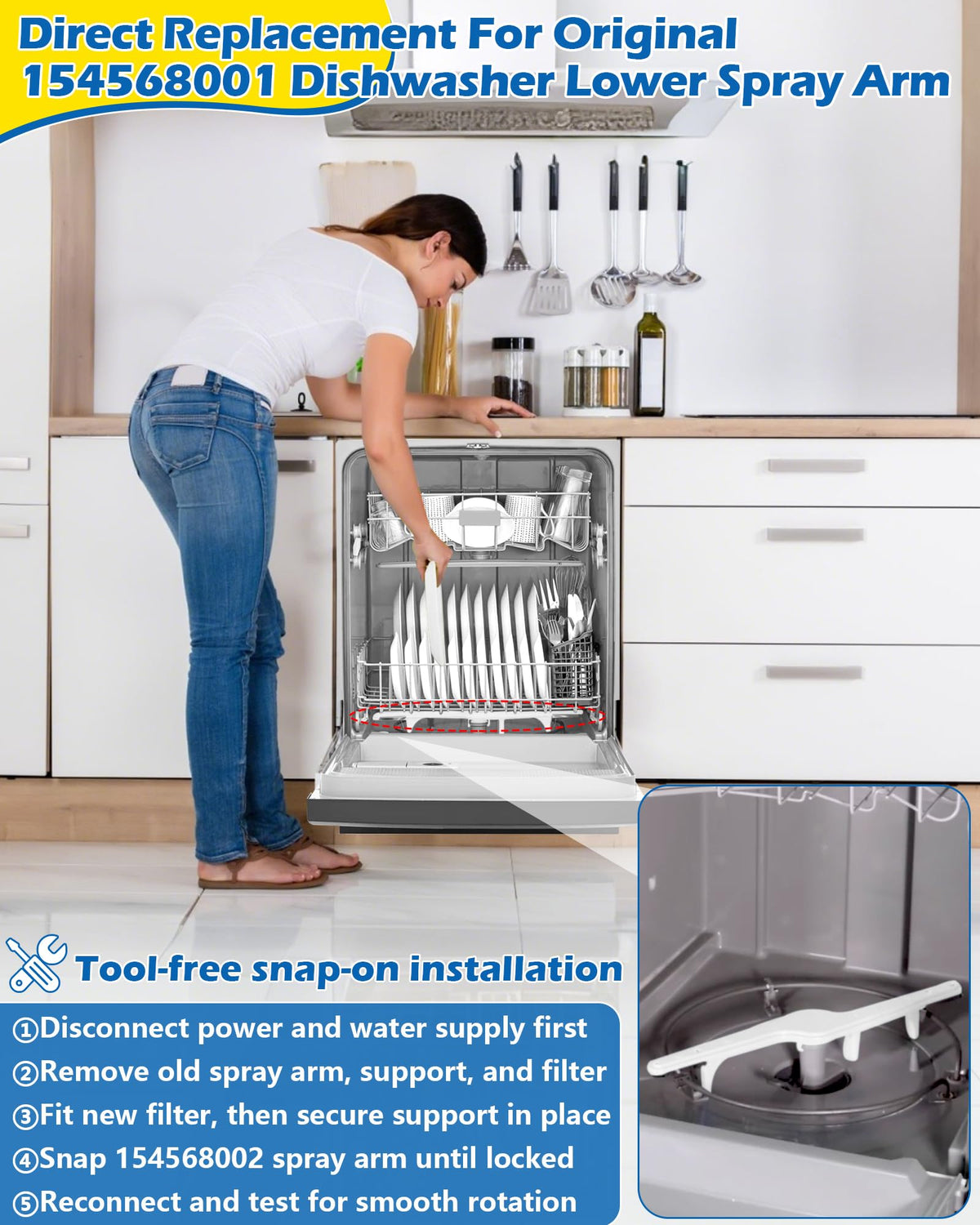 154568001 Dishwasher Lower Spray Arm Set Fits Frigidaire Electrolux Kenmore (White- 154568001 - 3 Pack Kit)
