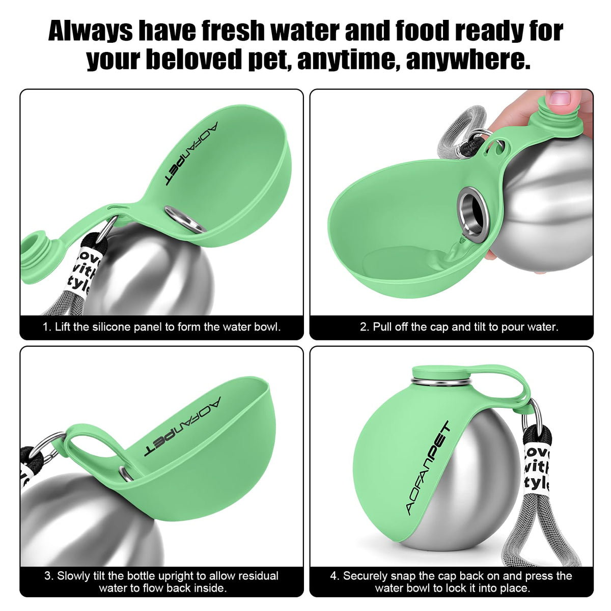 Portable Dog Water Bottle with Bowl (Mint Green)