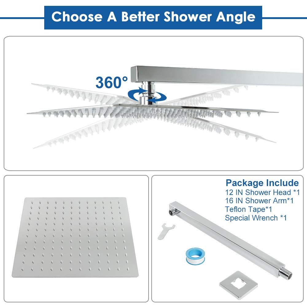 Shower Head with Extension Arm (12'' Shower with 16'' Arm / Chrome)