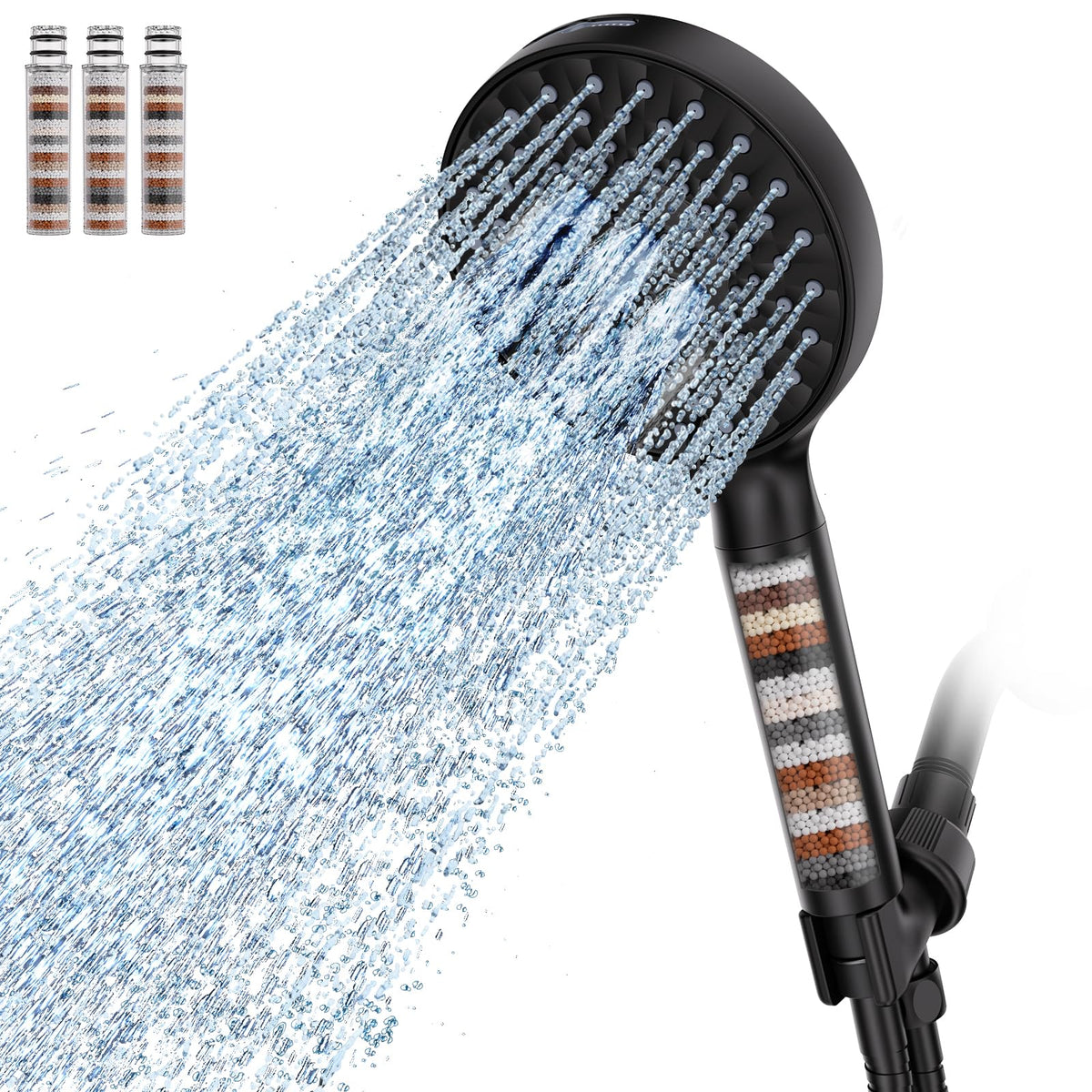 Filtered Shower Head with Handheld High Pressure 9 Spray Mode Showerhead Detachable Shower Head Water Softener Filters Beads for Hard Water Remove Chlorine 4 Filters Black (Black)