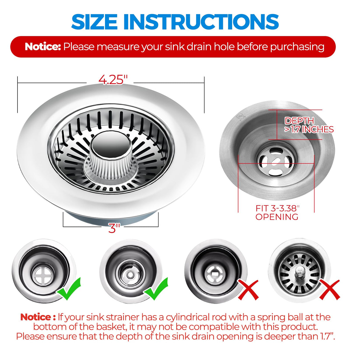 3 in 1 Kitchen Sink Drain Strainer Stopper Removable Basket Pop (Light Silver)