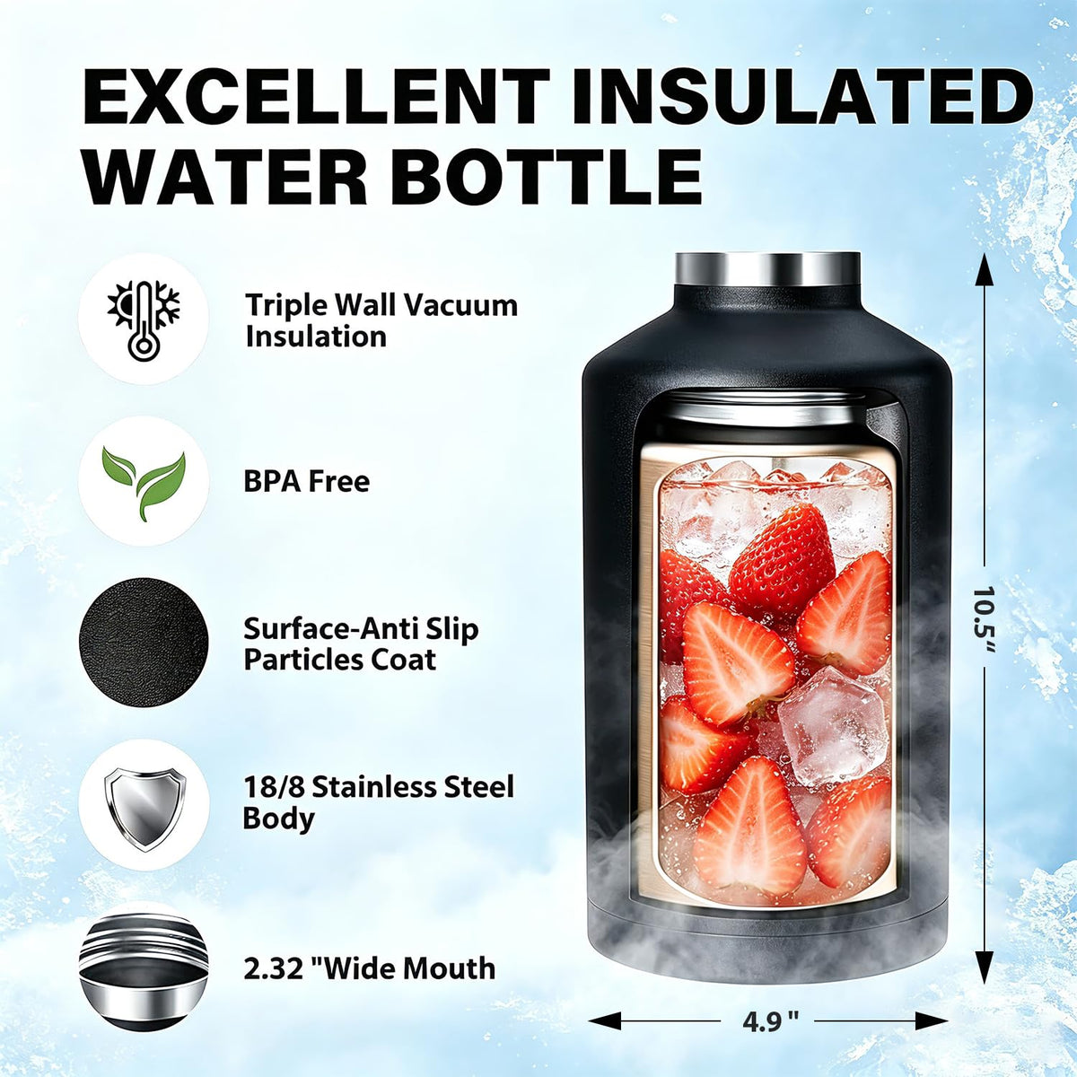 64 oz Insulated Water Bottle Stainless Steel Triple (Big-BK / 64 Ounces)