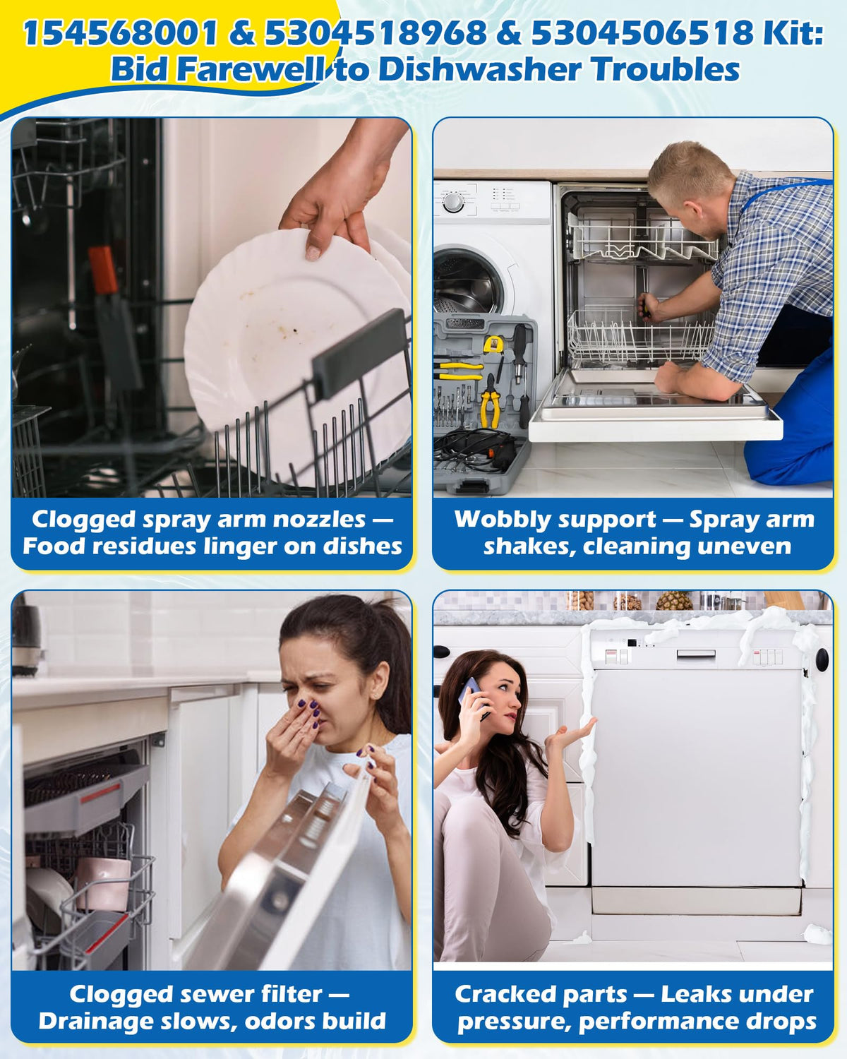 154568001 Dishwasher Lower Spray Arm Set Fits Frigidaire Electrolux Kenmore (White- 154568001 - 3 Pack Kit)