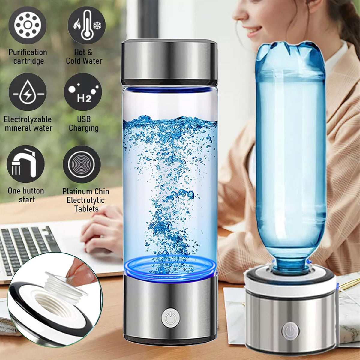 Hydrogen Water Bottle Generator 3 in 1 (SL-1PACK-3Multi function / Silver)