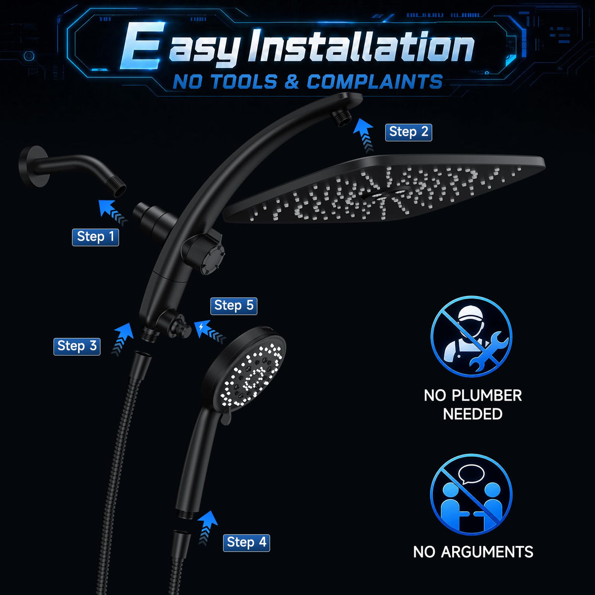 14" Luxurious Shower Head with Handheld (Matte Black / 14inch)