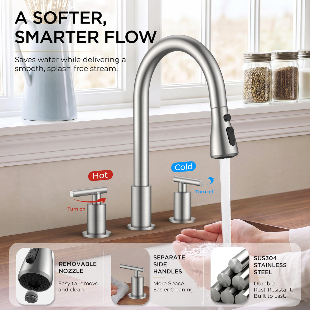 2 Handle Kitchen Faucet with Pull Down Sprayer (Stainless Steel)