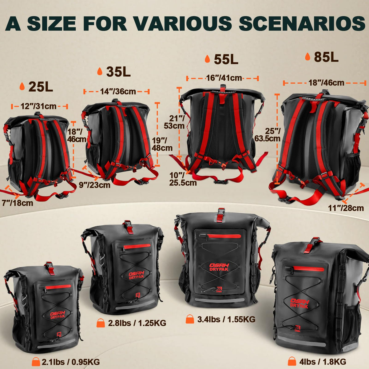 Waterproof Backpack Dry Bag 25L (Black Red / 55L)