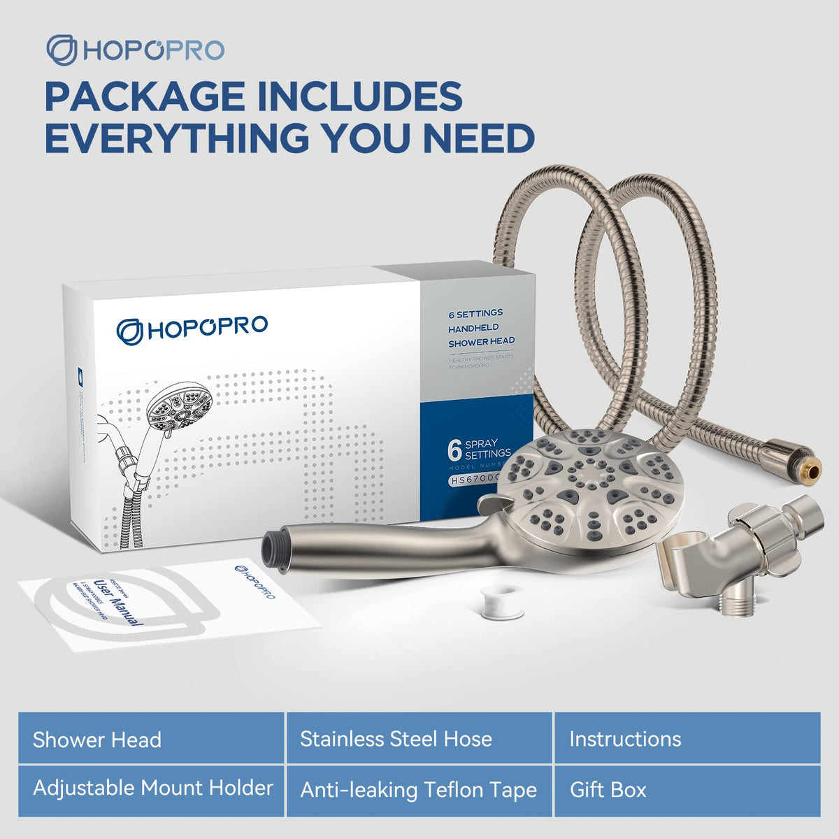 High Pressure Handheld Shower Head Set with 6 Modes (6 Modes / Brushed Nickel)