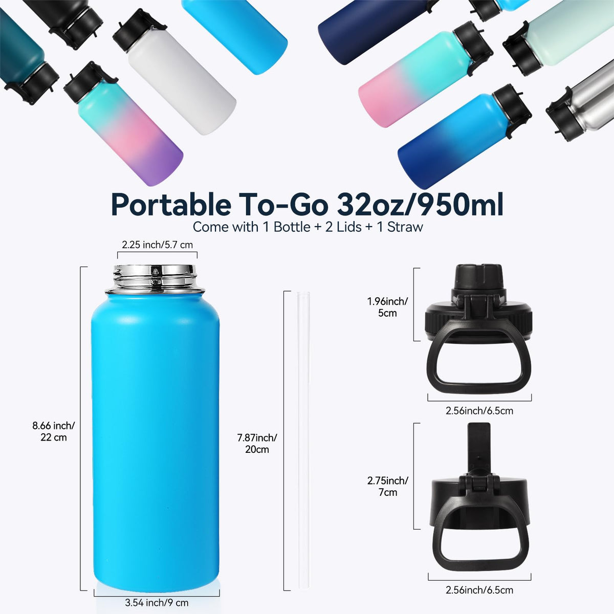 32 oz Insulated Water Bottles Bulk with 2 Lids (Blue)