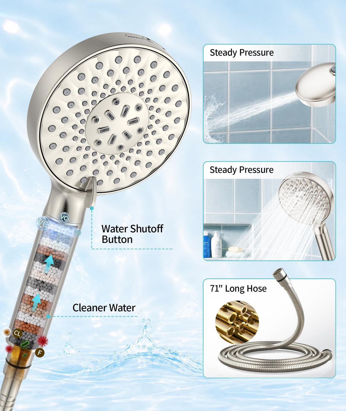 Filtered Shower Head with Handheld High Pressure 9 Spray Mode Showerhead Detachable Shower Head Water Softener Filters Beads for Hard Water Remove Chlorine 1 Filter Light Champagne (Light Champagne)