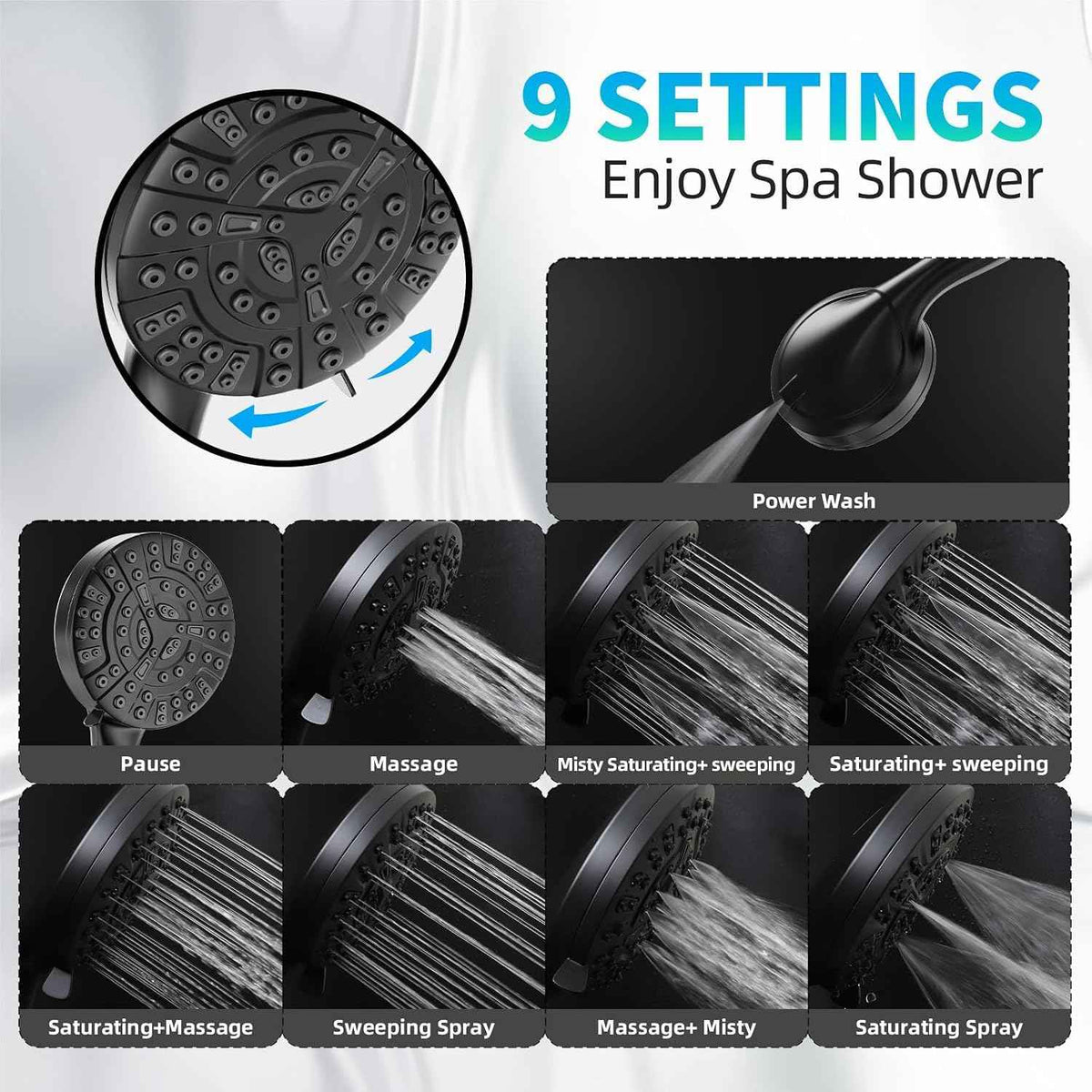 9 Functions High Pressure Handheld Shower Head with Power Wash (9 Functions / Matte Black)