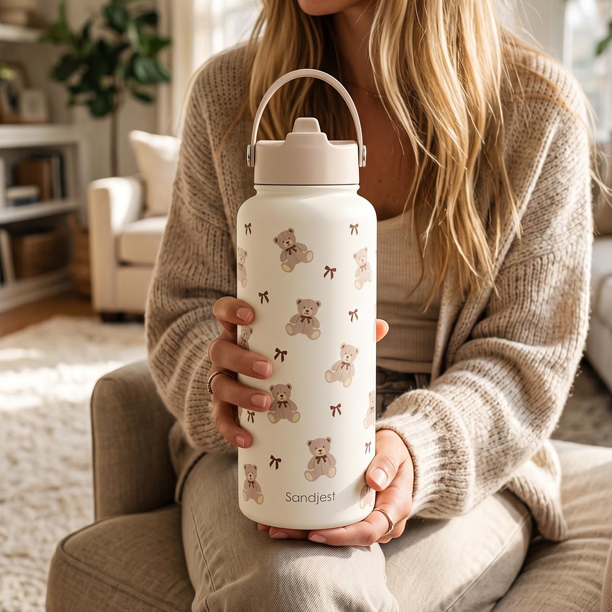 Bear Stainless Steel Water Bottle 32 Ounces with Lid & Straw (Bear)