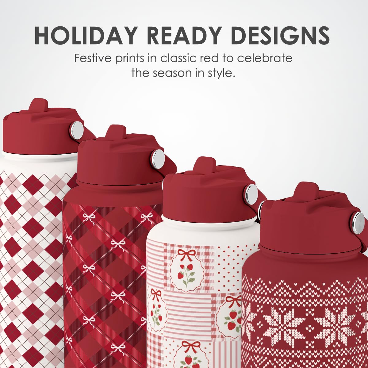 Stainless Steel Water Bottle 32 Ounces with Lid & Straw (Christmas)