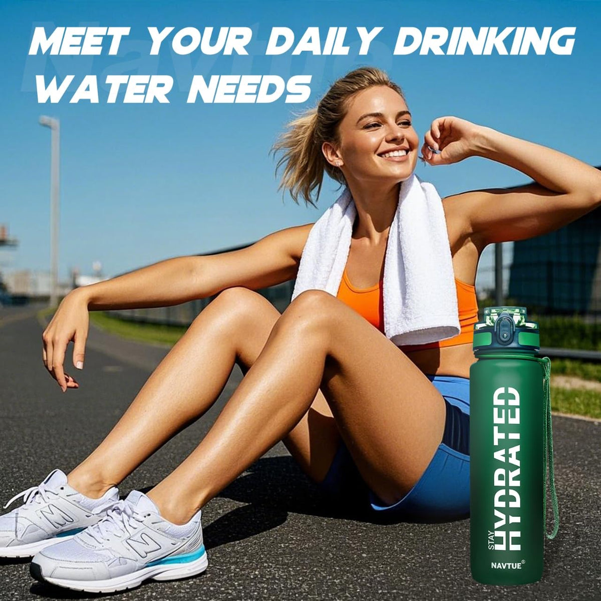 Water Bottle 32 oz Motivational Time Marker Tritan Bottle (Green / 32 Ounces)