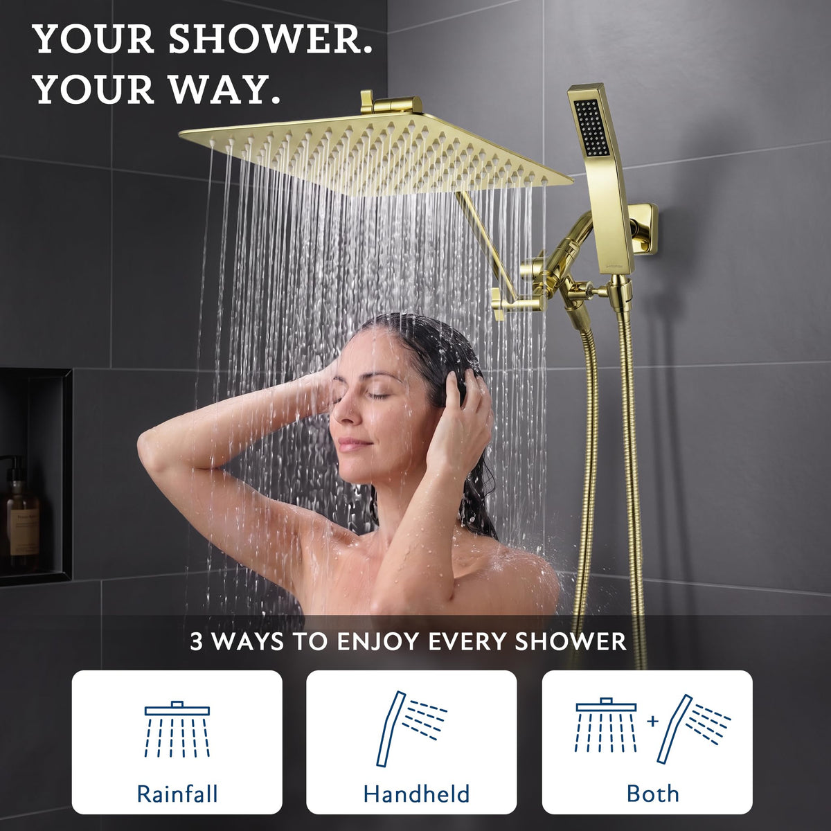 All Metal 10" Dual Square Shower Head Combo (10 Inches / Polished Brass)