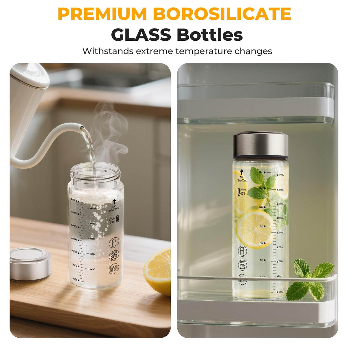 Wide Mouth Borosilicate Glass Juice Bottles 12oz 6 Pack with Lids (Clear-6set/12oz / 12 Ounces (Pack of 6))