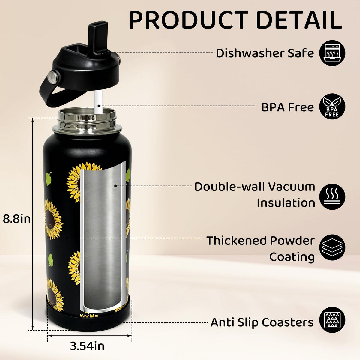 32oz Sunflower Gift Stainless Steel Water Bottle with Straw (Sunflower / 32 Ounces)