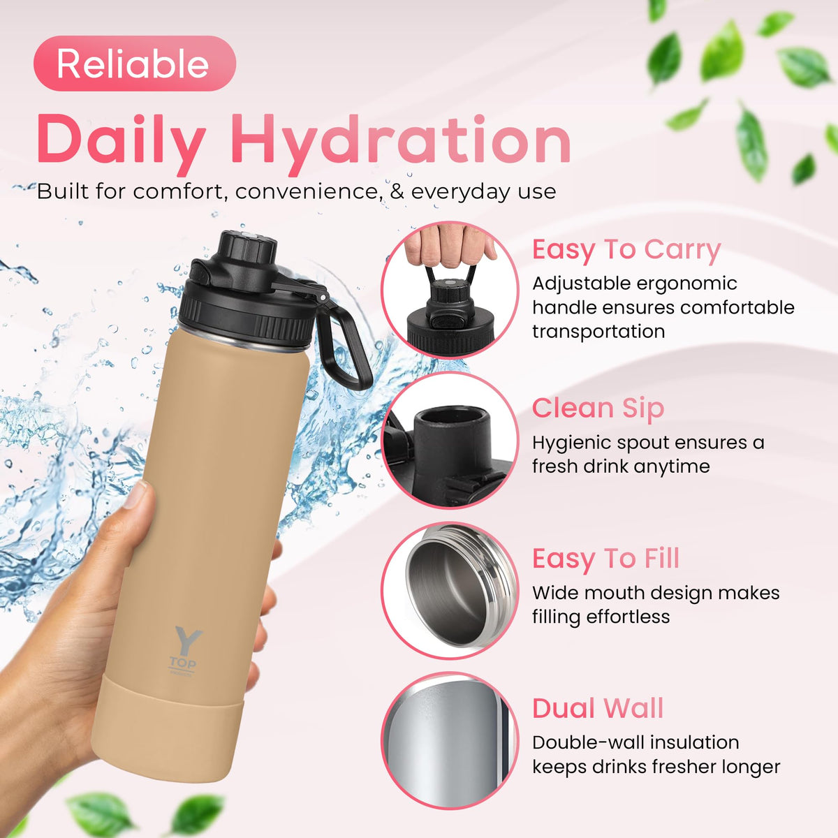 Y TOP 18 oz Insulated Water Bottle Leak Proof Spout Lid Fits in Car Cup Holder (Beige / 18 Ounces)