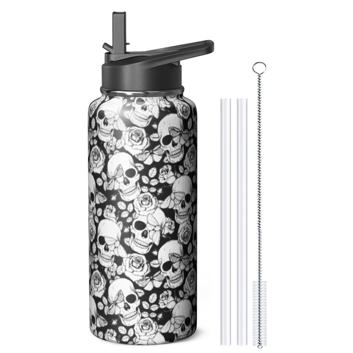 32oz Skull Water Bottle with Handle and Flip Straw (Skull / 32 Ounces)