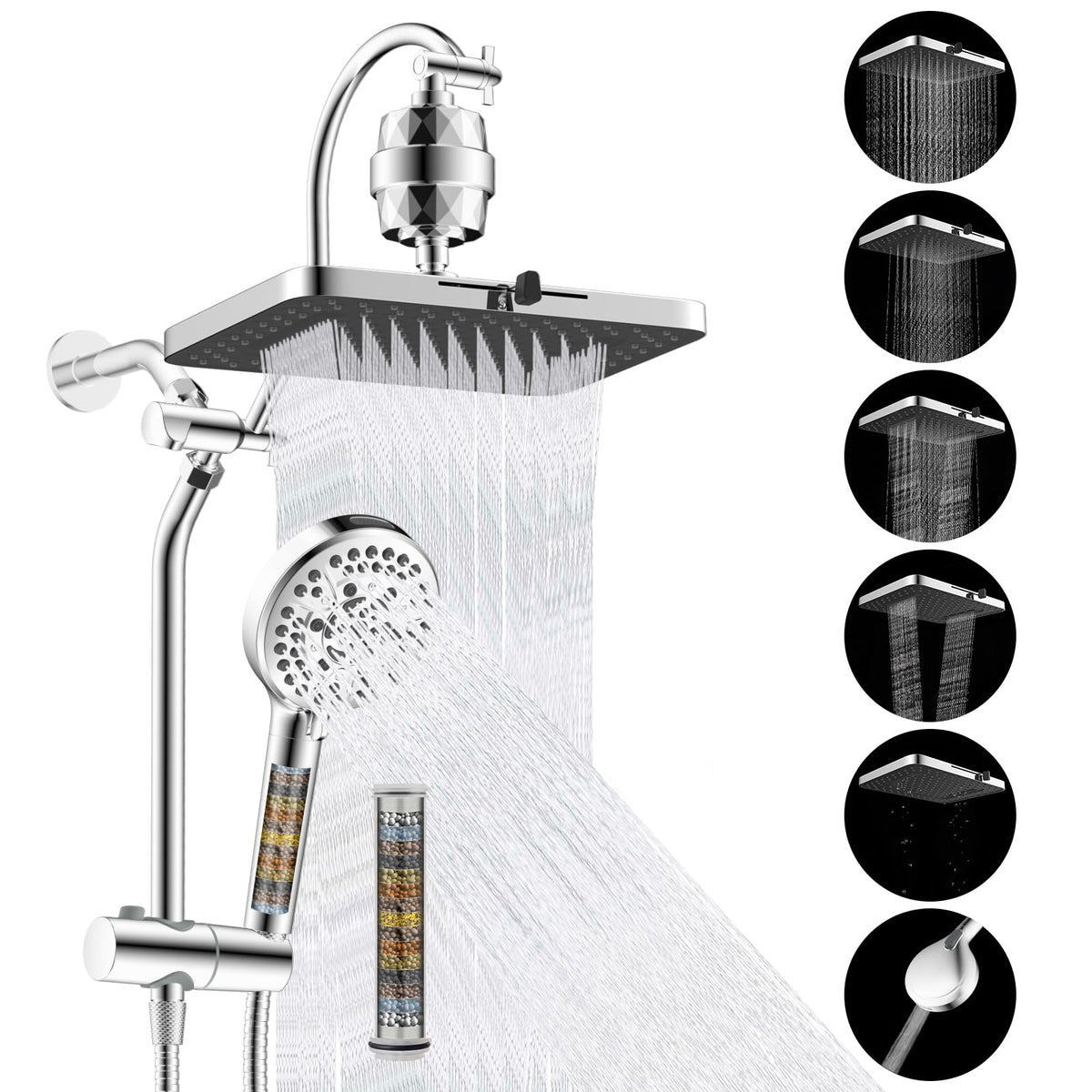 5 spray Filtered Rainfall Shower Head Combo (Square 13" with filter / Chrome)