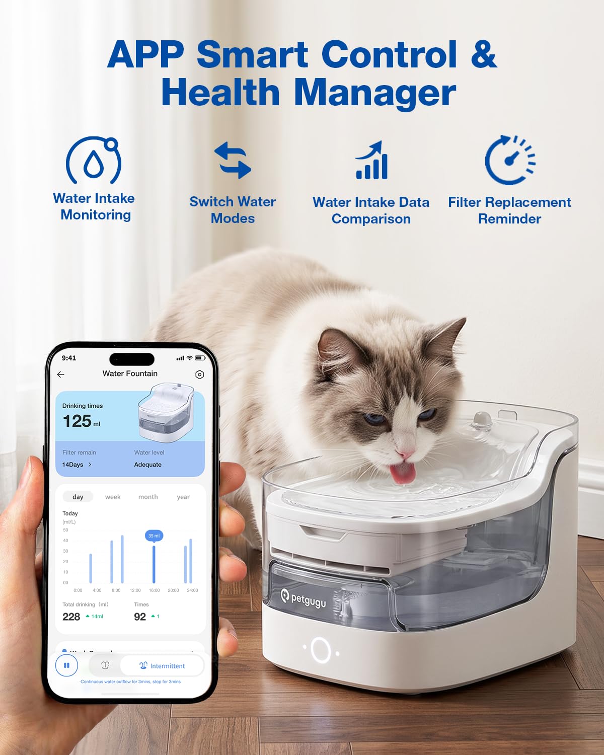 2L 68oz Cat Water Fountain Cordless Pump Pet Fountain for Small Dog (White)