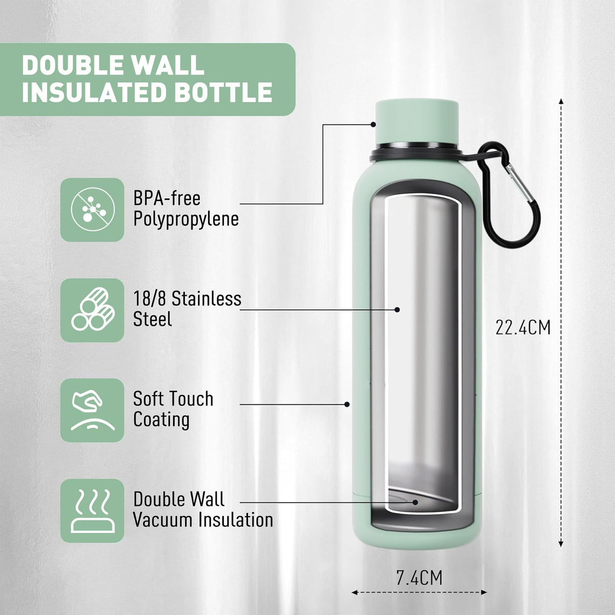 Slim Insulated Water Bottles for Travel 18oz with Clip (500 ml / Mint)