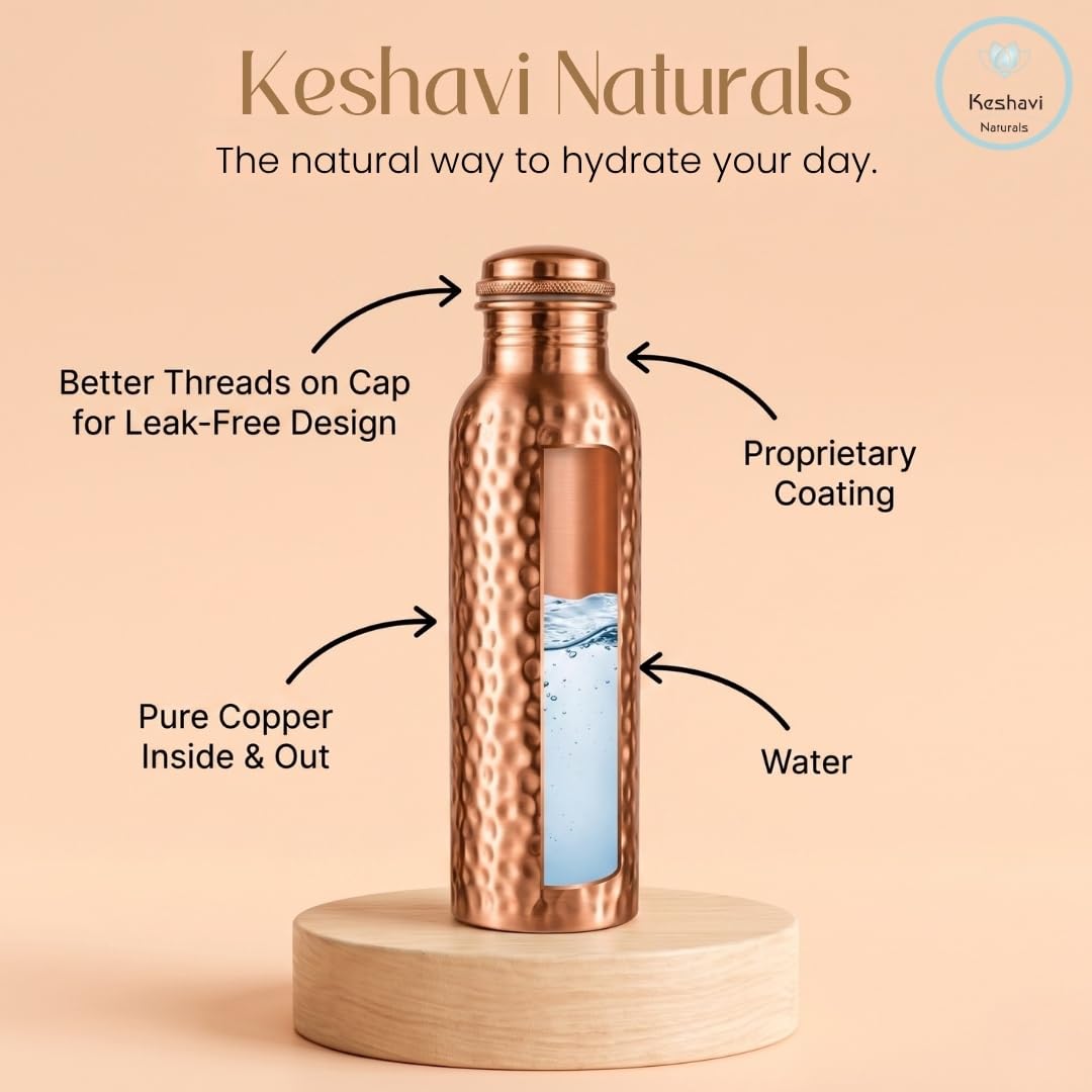 100% Pure Copper Water Bottle (Plain & Hammered Combo)