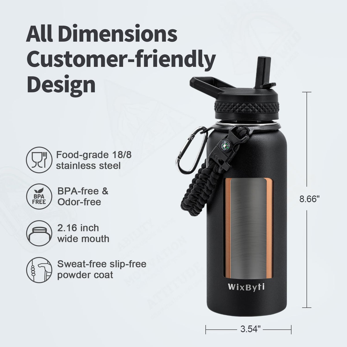 32 oz Insulated Water Bottle with Straw (Black / 32 Ounces)