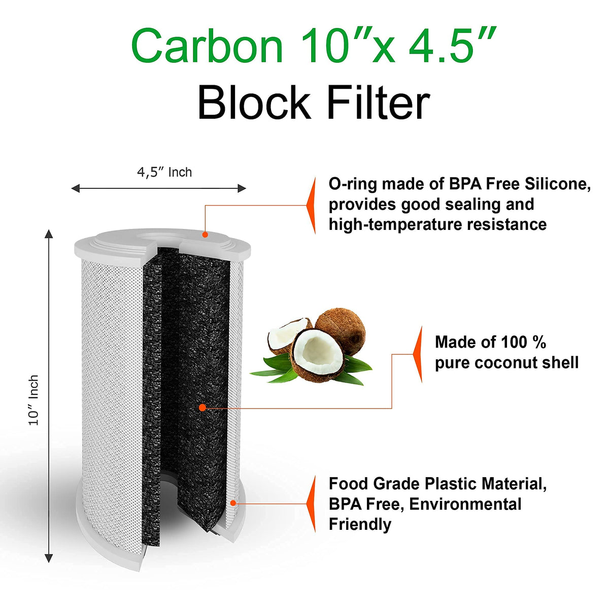 High Capacity Coconut Shell Carbon Block Water Filter 4.5 x 10 Inch 8 Pack