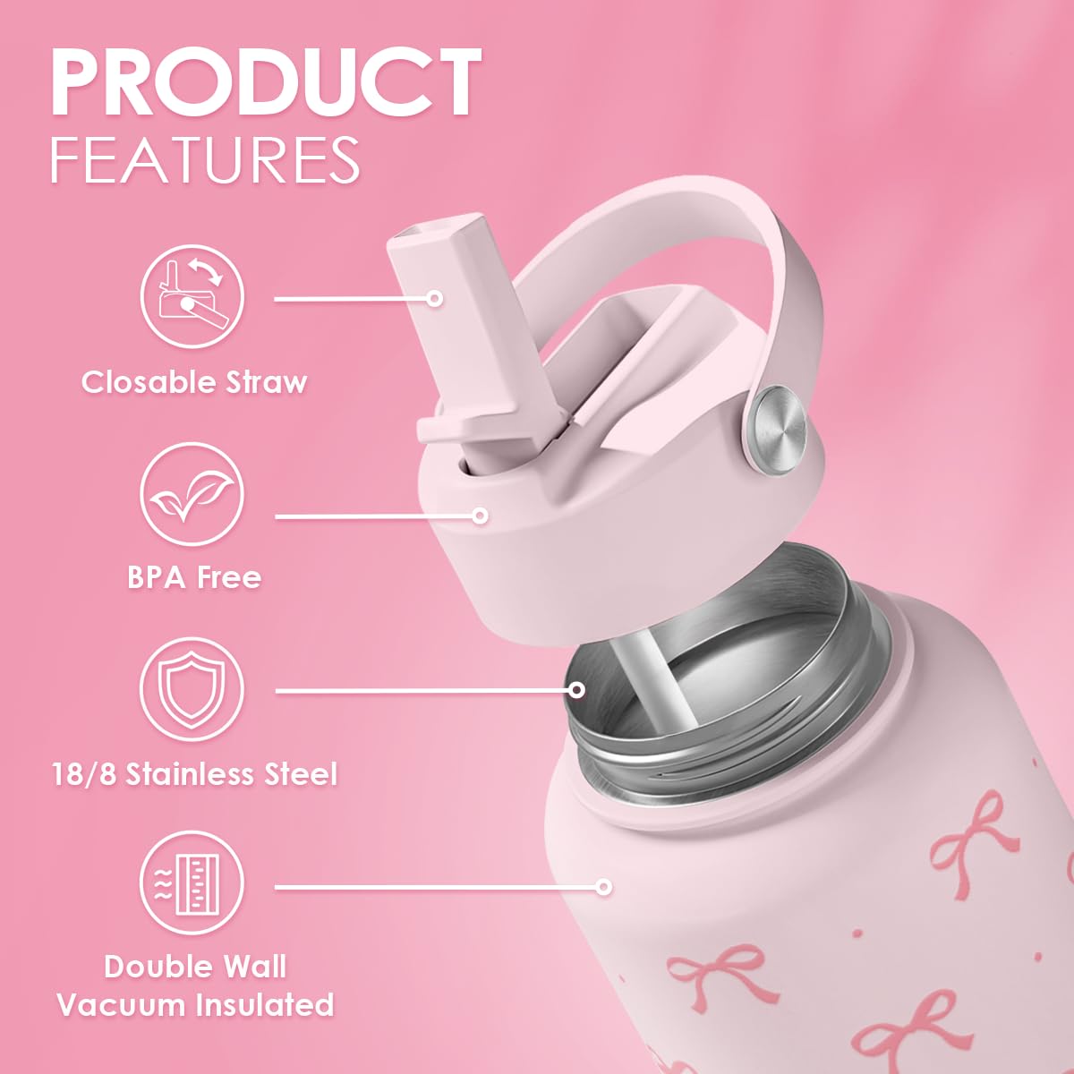 Pink Bow Water Bottle Stainless Steel Insulated Vacuum 32oz with Lid (Coquette Pink Bow)