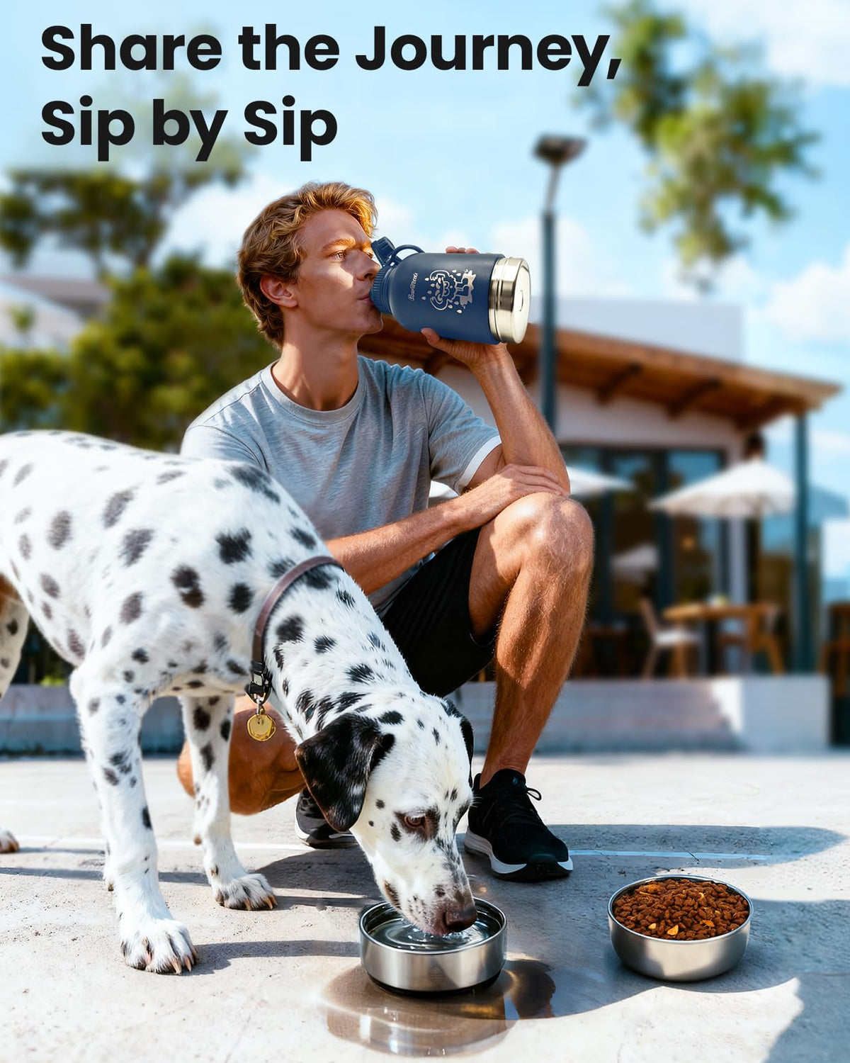 34 oz Dog Water Bottle with Detachable Food & Water Bowls