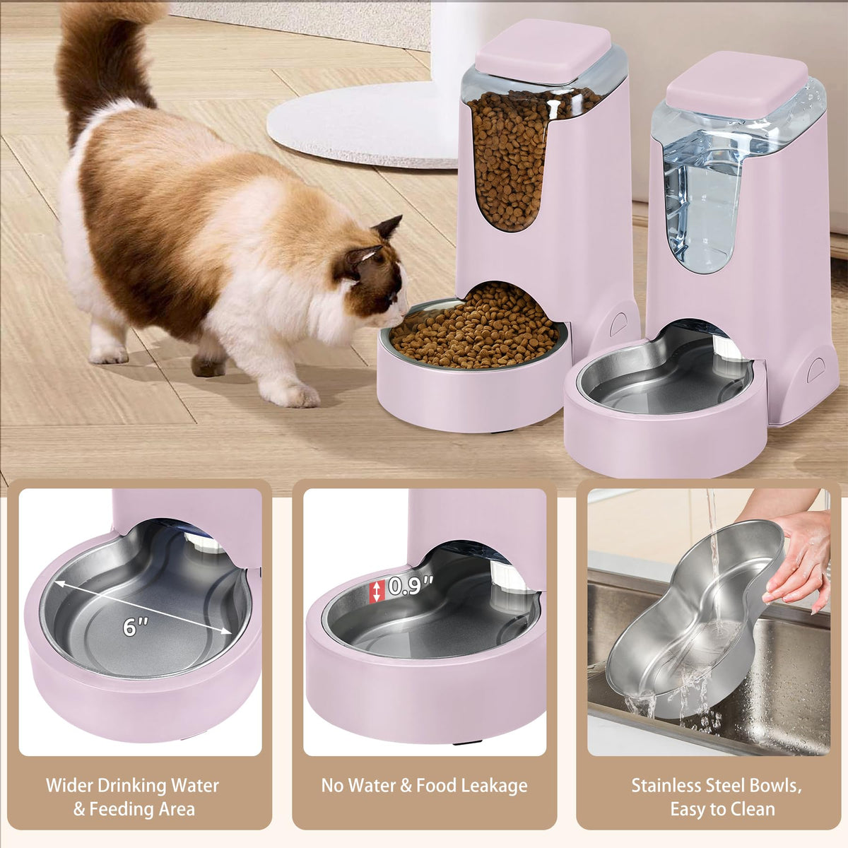 2 Pack Automatic Cat Feeder and Stainless Steel Water Dispenser (1 Gallon x 2 - Violet)