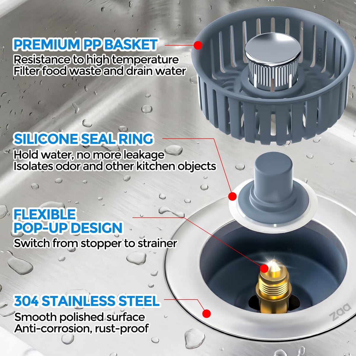 3-in-1 Kitchen Sink Drain Strainer Stopper, Stainless Steel, Anti-Clog (Silver)