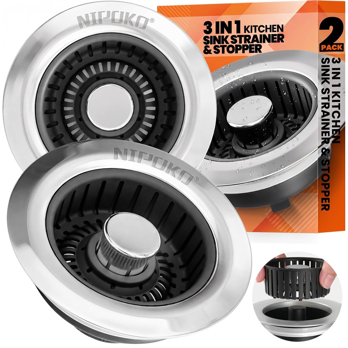 3 in 1 Kitchen Sink Drain Strainer Stopper Basket Pop Up Black