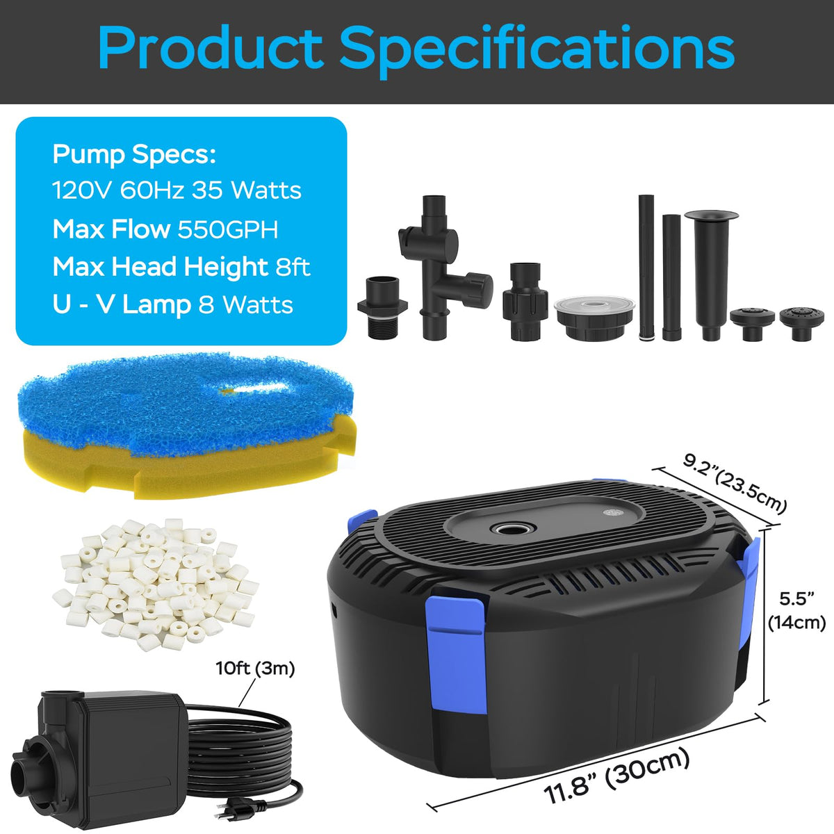Pond Filter with Fountain Kits & Remote Control LED Lights (For 200-500Gal Ponds)