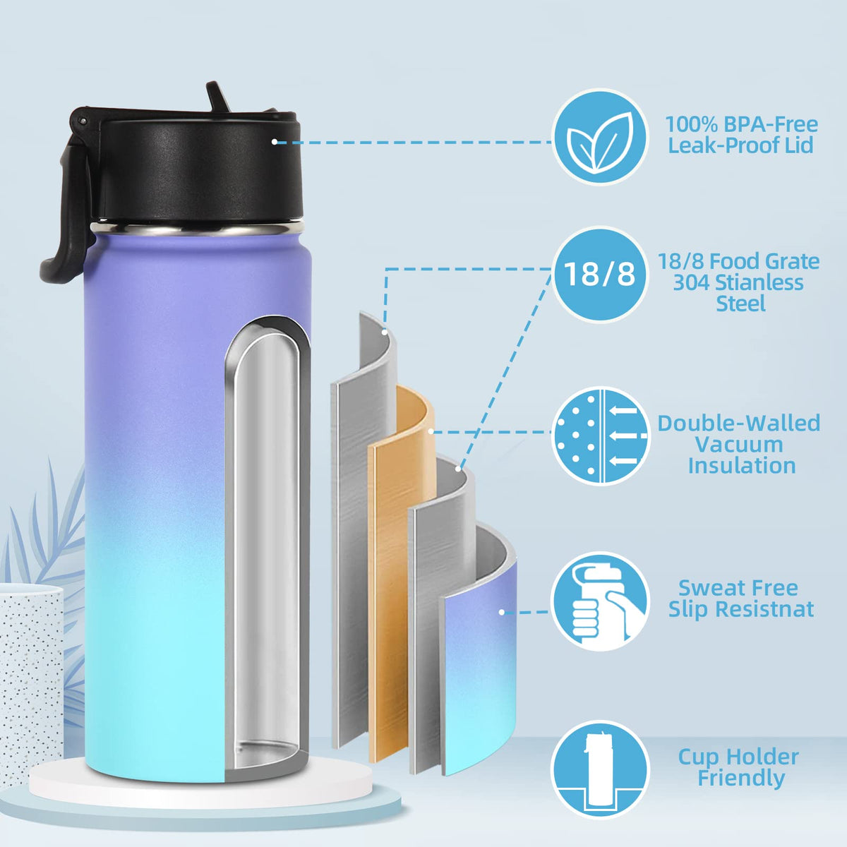16oz Insulated Water Bottle for Kids with Straw (Purple Blue)
