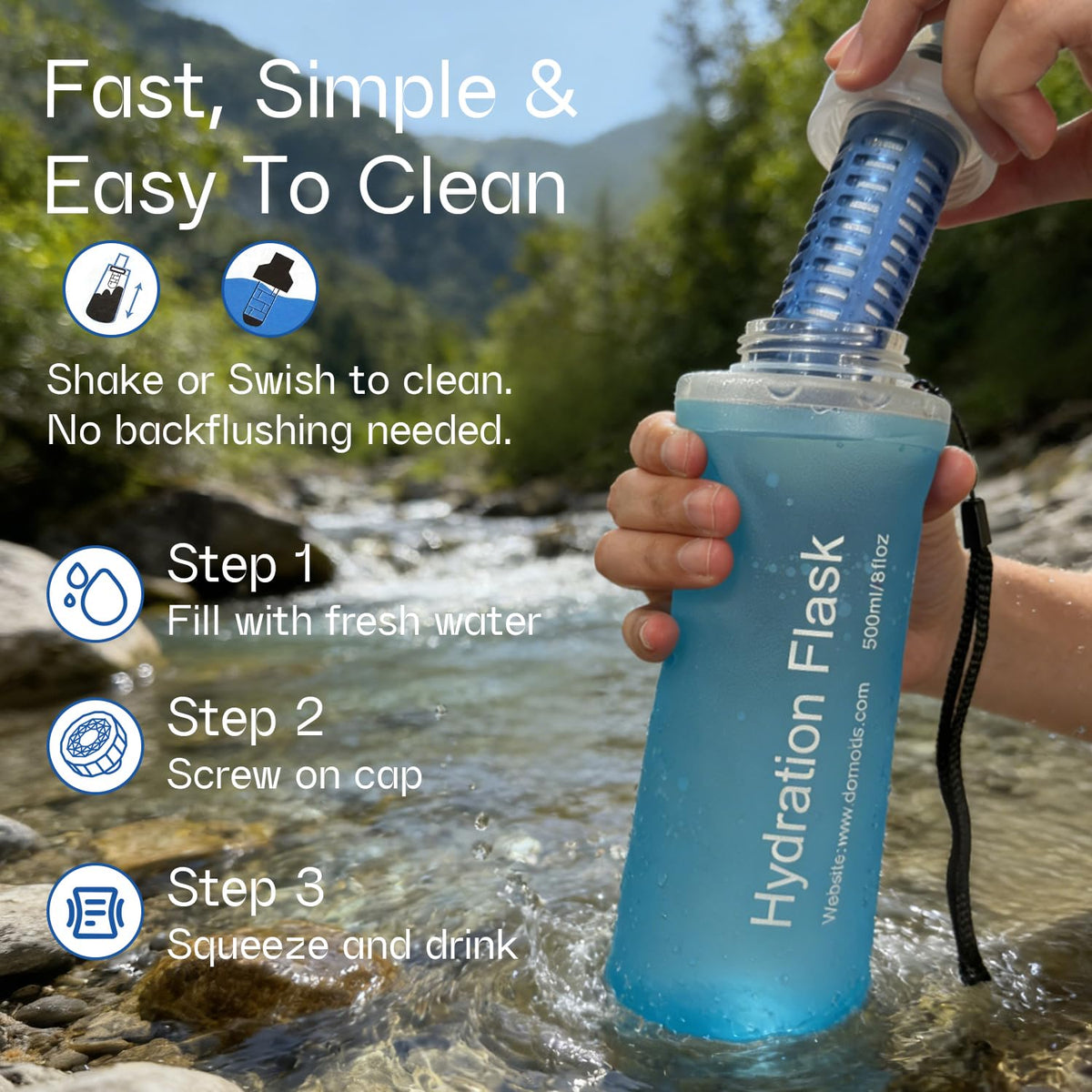 1.0L Collapsible Water Filter Bottle (1000ml, Blue)