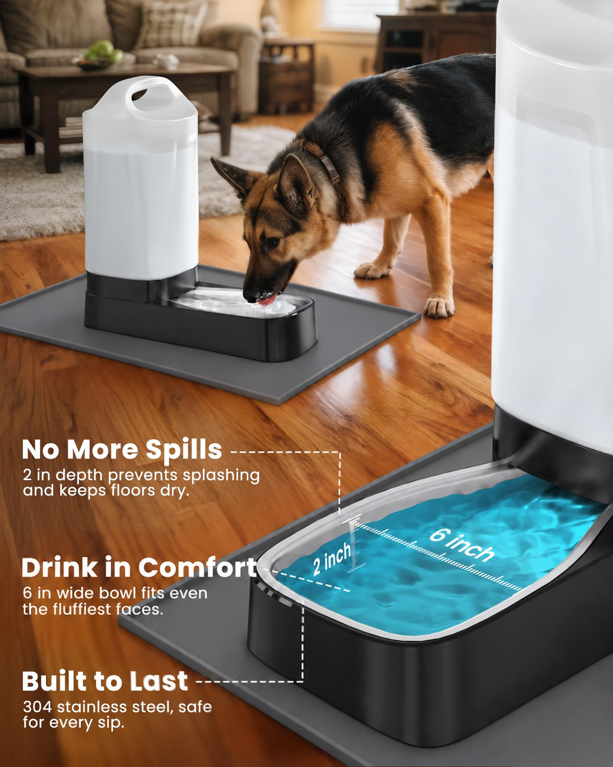 2.4 Gallon Dog Water Bowl Dispenser with Silicone Mat